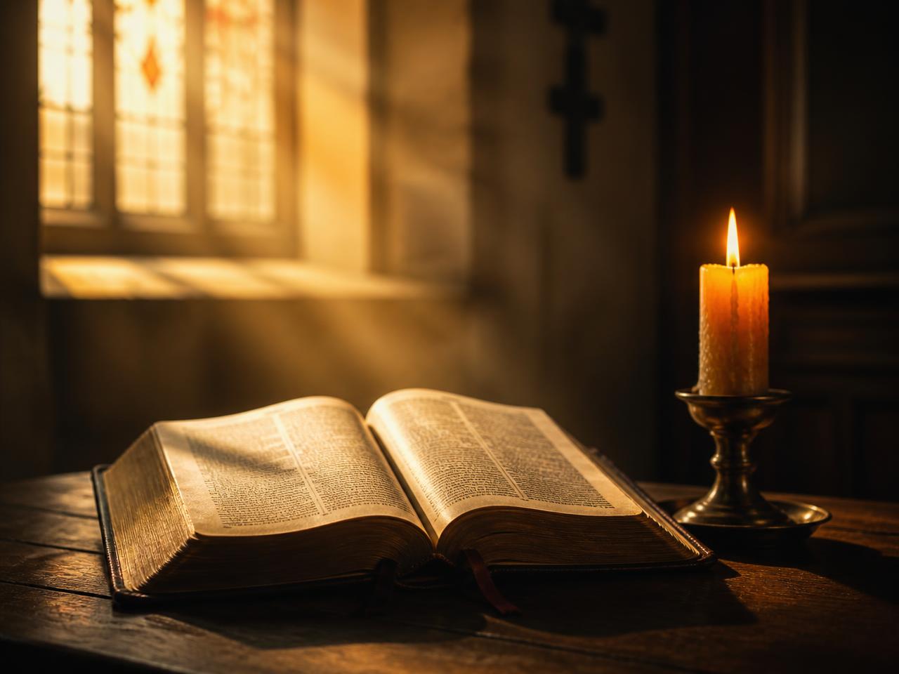 An open Bible beside a lit candle in warm church light