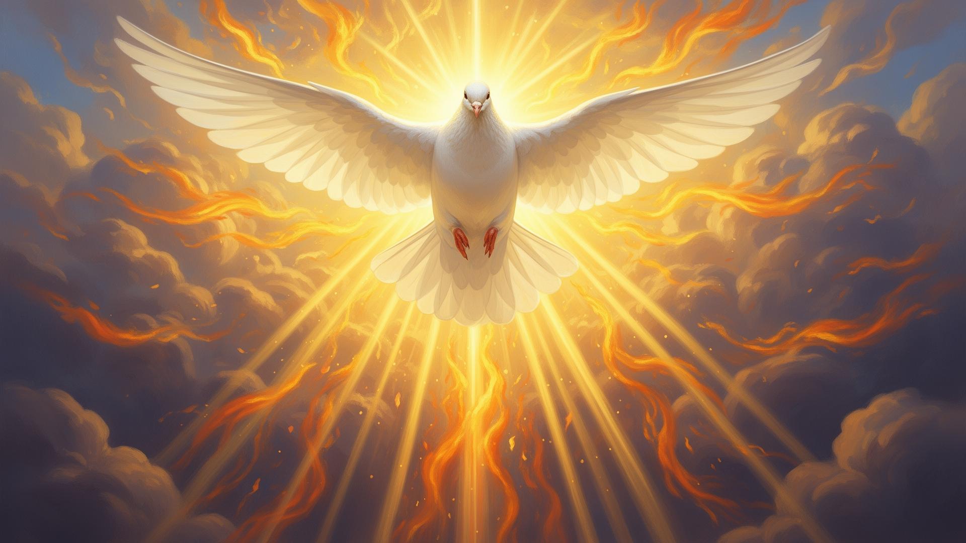 White dove with golden fire representing the Holy Spirit