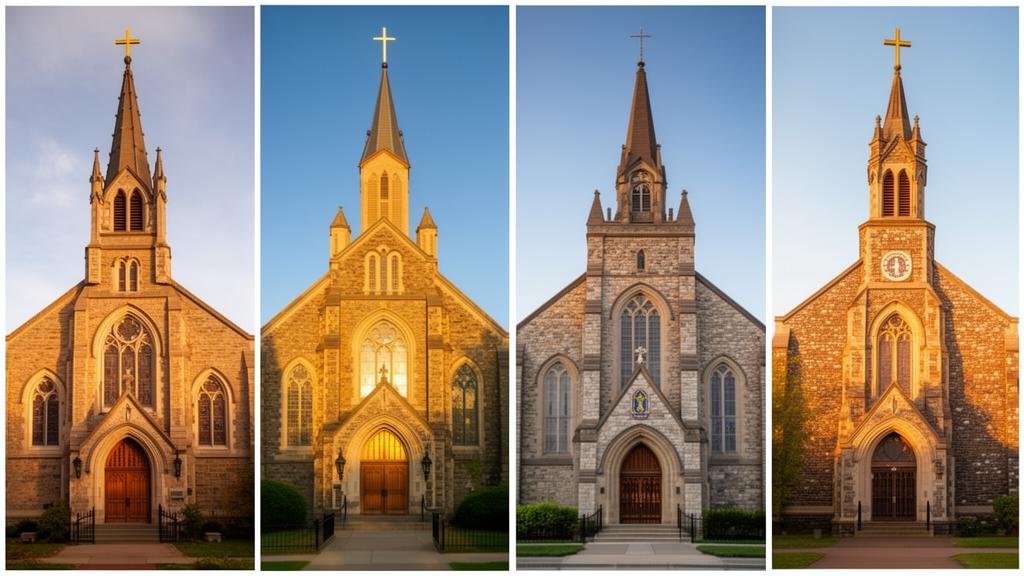 Four different Christian church buildings representing major denominations