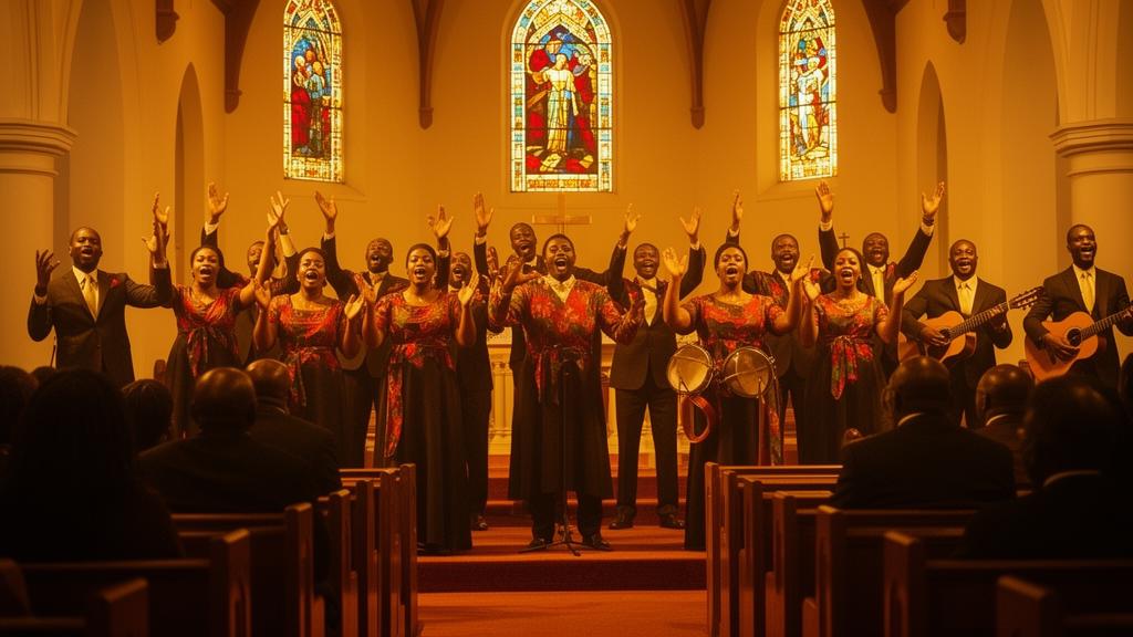 Church choir singing worship music with hands raised in praise